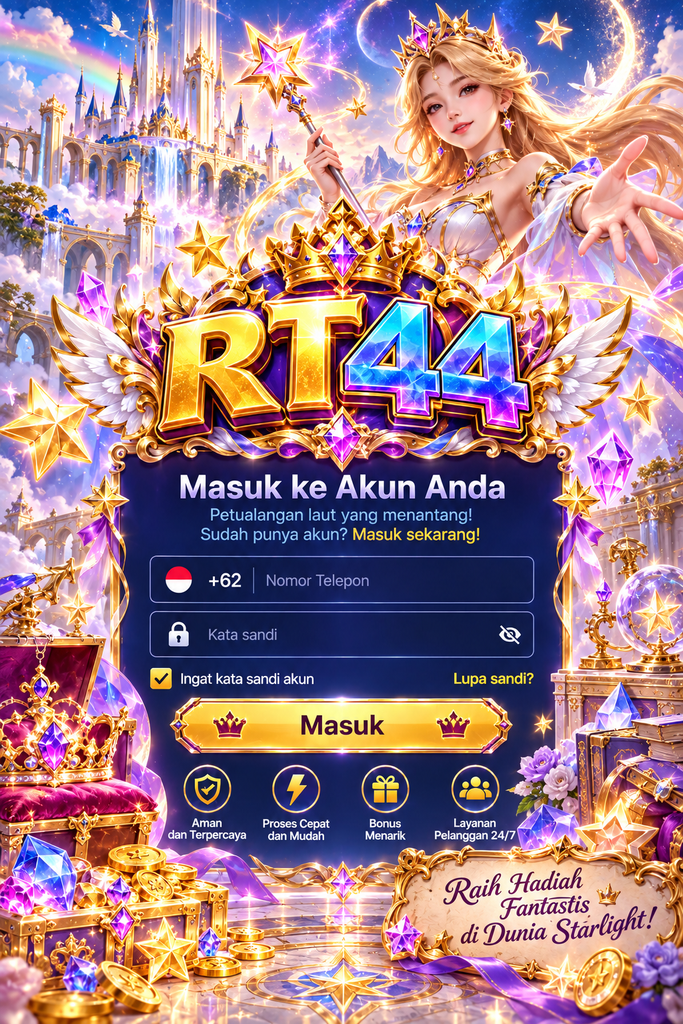 Login RT44 bertema putri bintang dengan kastel, kristal, mahkota, dan nuansa fantasi bercahaya